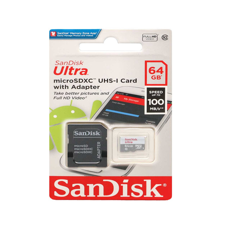 کارت حافظه microSDXC سن دیسک مدل Ultra کلاس 10 استاندارد UHS-I U1 سرعت 100MBps ظرفیت 64 گیگابایت به همراه آداپتور SD