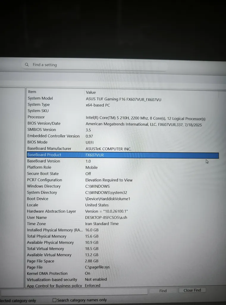 لپ تاپ 16 اینچی ایسوس مدل TUF Gaming F16 FX607VU-RL177-Core 5 210H-16GB DDR5 5600MHz-512GB SSD-RTX4050 6GB-Full HD 144Hz