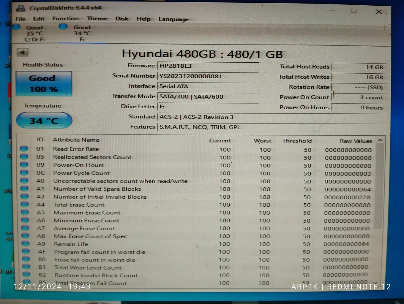 اس اس دی اینترنال هیوندای مدل SAPHHIRE ظرفیت 480 گیگابایت