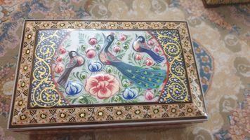 جعبه جواهرات خاتم کاری طرح گل و مرغ کد 473