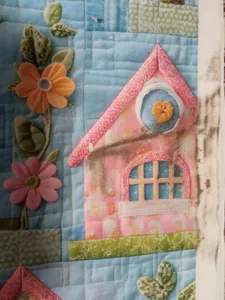 تجریه خرید پارچه ملحفه عرض 1.5 متر پارچه باما  طرح سه بعدی خانه رویایی کد 5013519 رنگ آبی روشن