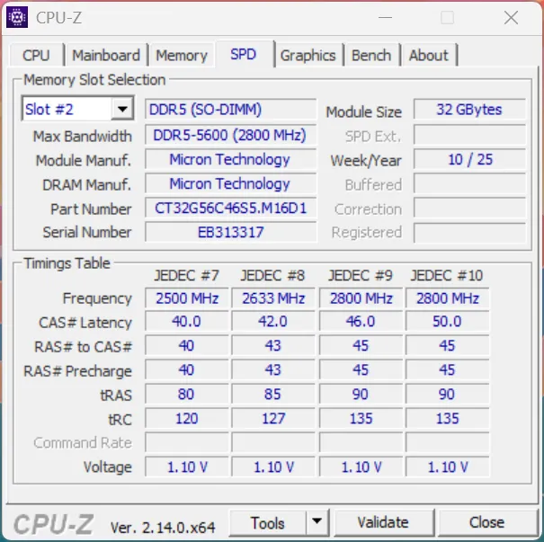 رم لپ تاپ DDR5 تک کاناله 5600 مگاهرتز CL46 کروشیال مدل CT8 ظرفیت 32 گیگابایت