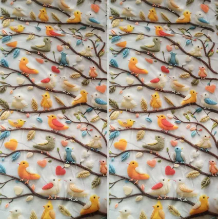 پارچه ملحفه عرض 1.5 متر مدل پنج بعدی باغ پرندگان کد 5013454 رنگ طوسی کمرنگ