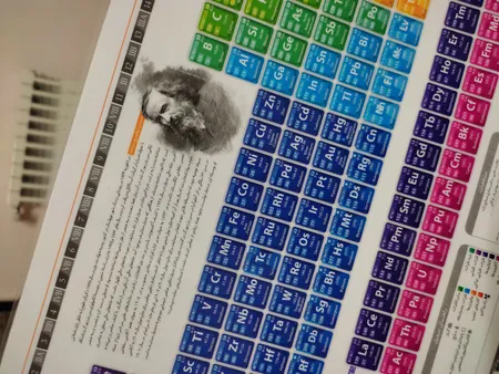 پوستر آموزشی نارنجی طرح جدول تناوبی مندلیف مدل D4 سایز A4