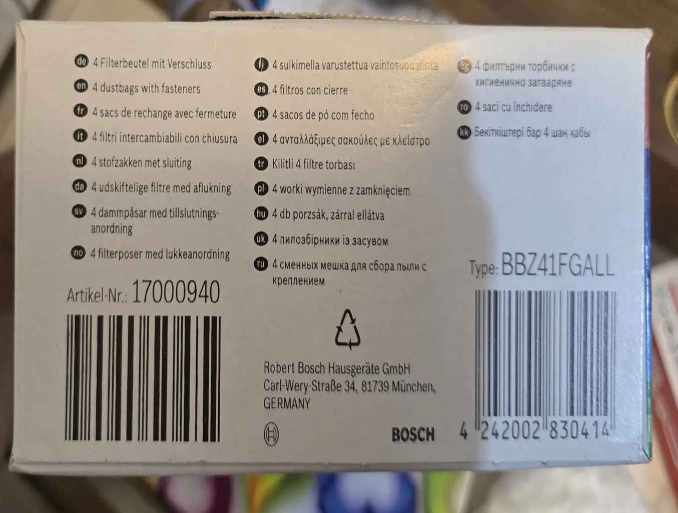 كيسه جاروبرقى بوش مدل GALL كد 17000940 مناسب براى جاروبرقى بوش و زيمنس بسته 4 عددى