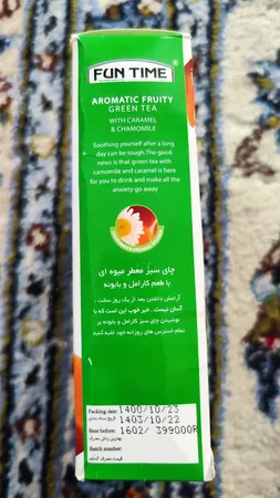 چای سبز طعم دار با تکه های میوه کارامل و بابونه فان تایم بسته 12 عددی