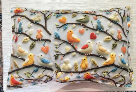 پارچه ملحفه عرض 1.5 متر مدل پنج بعدی باغ پرندگان کد 5013454 رنگ طوسی کمرنگ