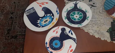 بشقاب دیوارکوب سفالی طرح چشم نظر کد D134-A مجموعه 3 عددی