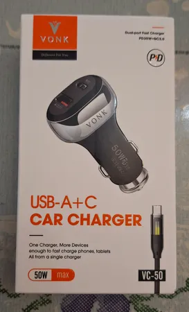 شارژر فندکی 50 وات دو پورت وونک مدل VC--50 به همراه کابل USB-C