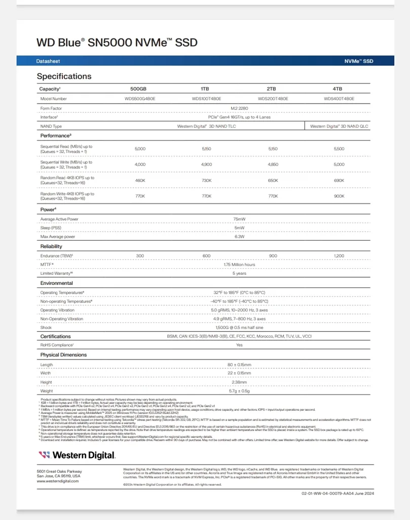 اس اس دی اینترنال PCIe Gen4 x4 وسترن دیجیتال مدل SN5000 ظرفیت 1 ترابایت