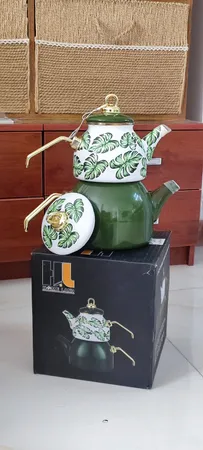 ست کتری و قوری هوم لند طرح برگ سبز مدل 03