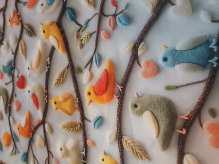 پارچه ملحفه عرض 1.5 متر مدل پنج بعدی باغ پرندگان کد 5013454 رنگ طوسی کمرنگ