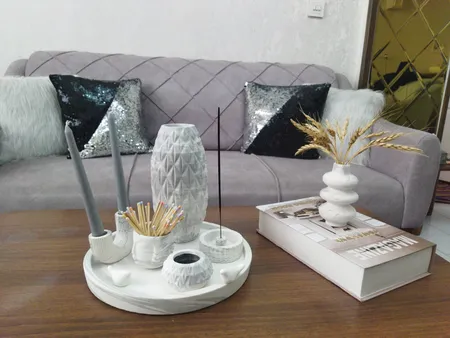 ست 7 تکه جاشمعی و گلدان بتنی طرح سنگ مدل یاسمین