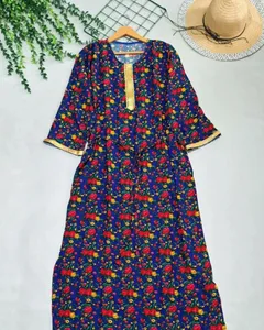 تجریه خرید پیراهن ساحلی یقه گرد زنانه مدل طلا کوب رنگ آبی