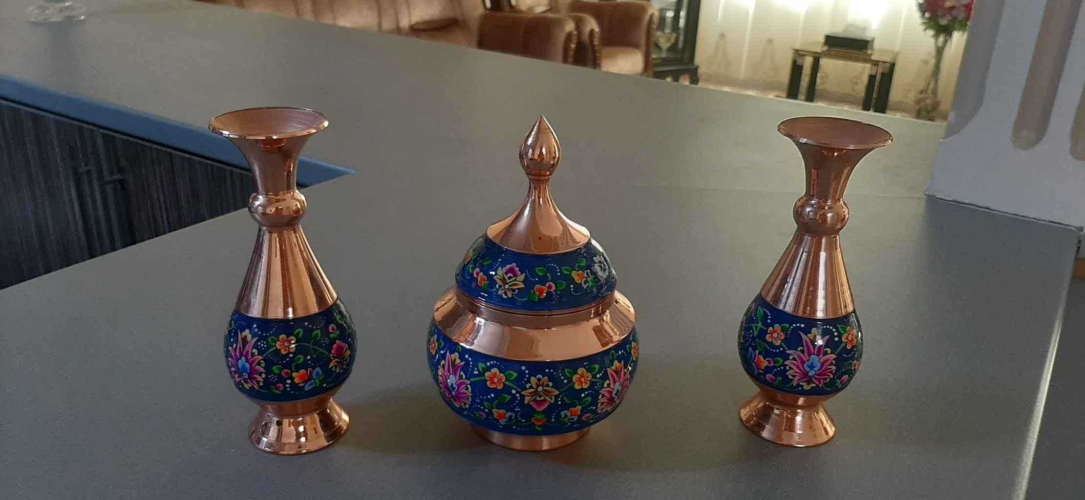 ست 3 تکه گلدان و شکلات خوری مسی مدل پرداز کد st18