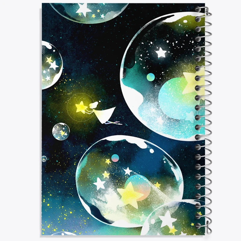 دفتر ژورنال نویسی 50 برگ خندالو مدل نقطه ای طرح دختر و حباب های کهکشانی کد N6593
