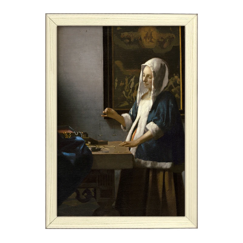 تابلو خندالو طرح نقاشی زن با ترازویی در دست اثر یوهانس فرمیر کد F12429