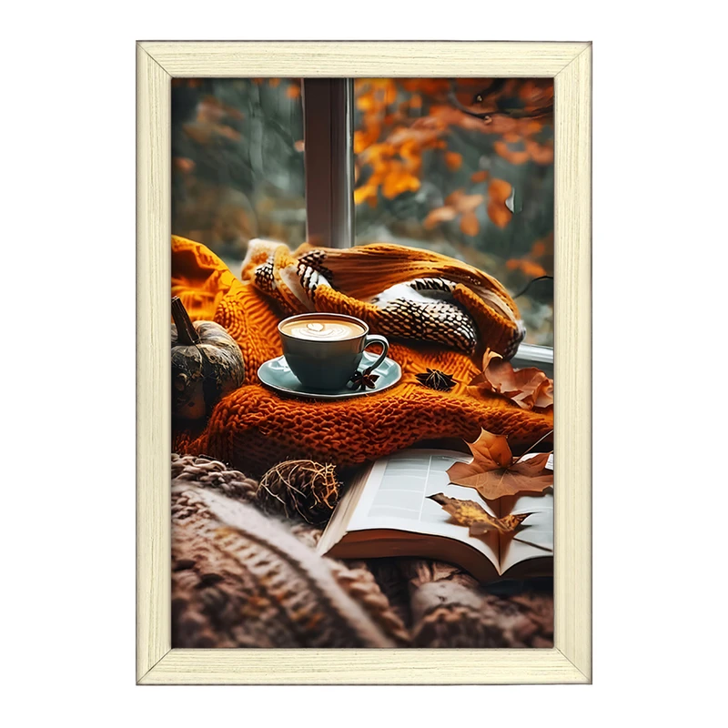 تابلو خندالو طرح کتاب و قهوه و پاییز کد F5644