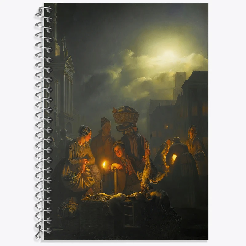 دفتر زبان 50 برگ خندالو مدل دو خط طرح نقاشی بازار شبانه هلندی در روتردام اثر پتروس ون شندل کد F12256