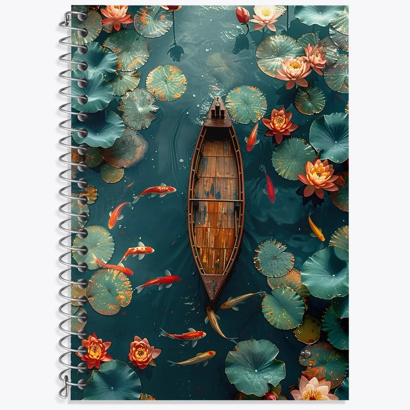 دفتر زبان 50 برگ خندالو مدل سه خط طرح قایق و برکه نیلوفر کد N7486