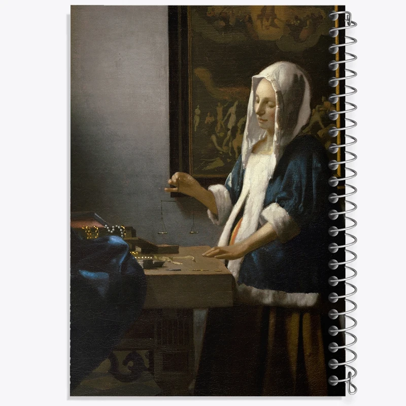 دفتر طراحی 50 برگ خندالو طرح نقاشی زن با ترازویی در دست اثر یوهانس فرمیر کد F12429