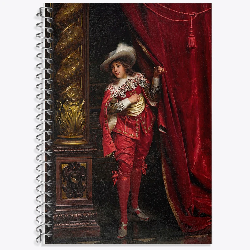 دفتر زبان 50 برگ خندالو مدل دو خط طرح نقاشی شوالیه ‌ای با لباس قرمز اثر فردریک سولاکروا کد F12137