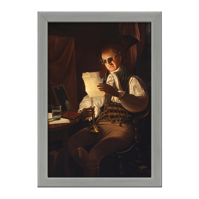 تابلو خندالو طرح نقاشی مردی که در نور شمع می خواند اثر رامبراند پیل کد F12276