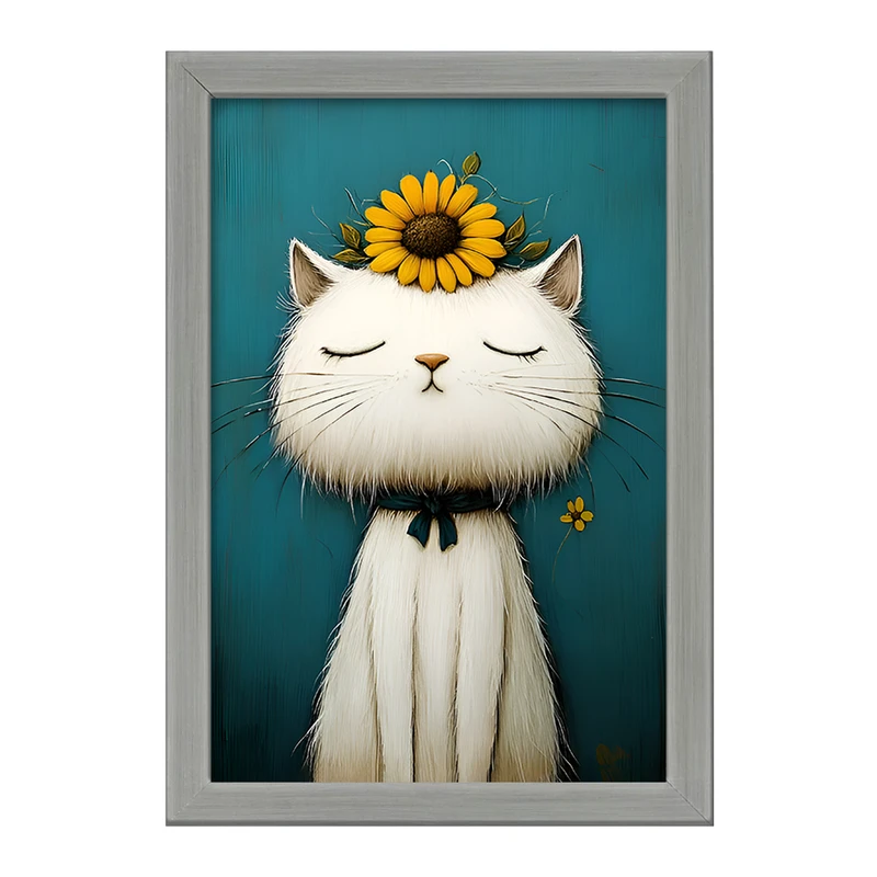 تابلو خندالو طرح گربه و گل آفتابگردان کد F12699