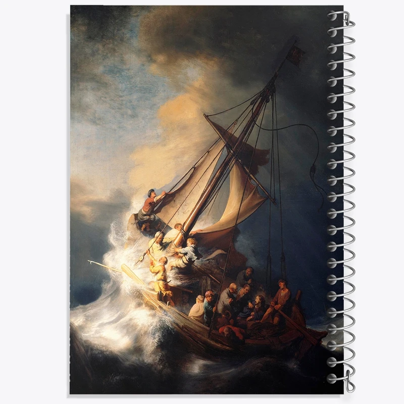 دفتر ژورنال نویسی 50 برگ خندالو مدل نقطه ای طرح نقاشی مسیح در طوفان در دریای جلیل اثر رمبراند کد F12478