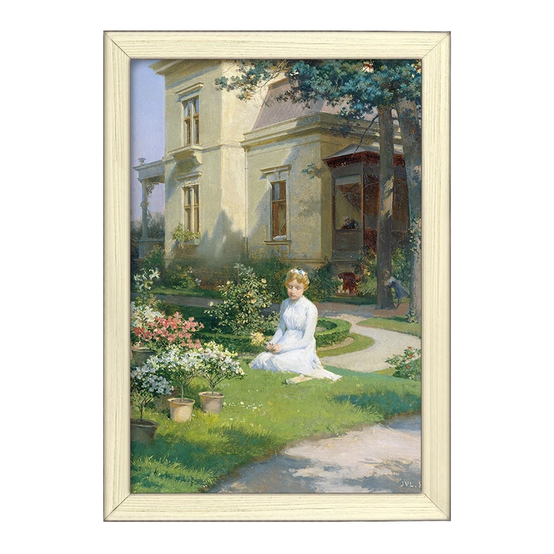 تابلو خندالو طرح نقاشی دختری در باغ ویلایی اثر جولیوس ویکتور برگر کد F12155