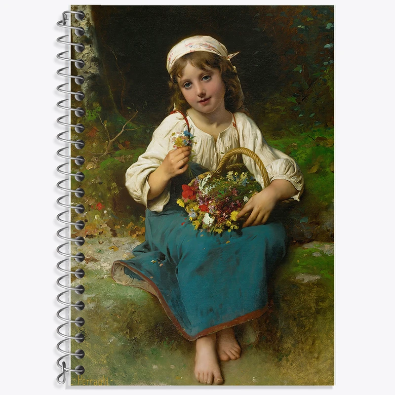 دفتر زبان 50 برگ خندالو مدل دو خط طرح نقاشی دختر جوان با یک سبد گل اثر لئون ژان باسیل پررو کد F12375