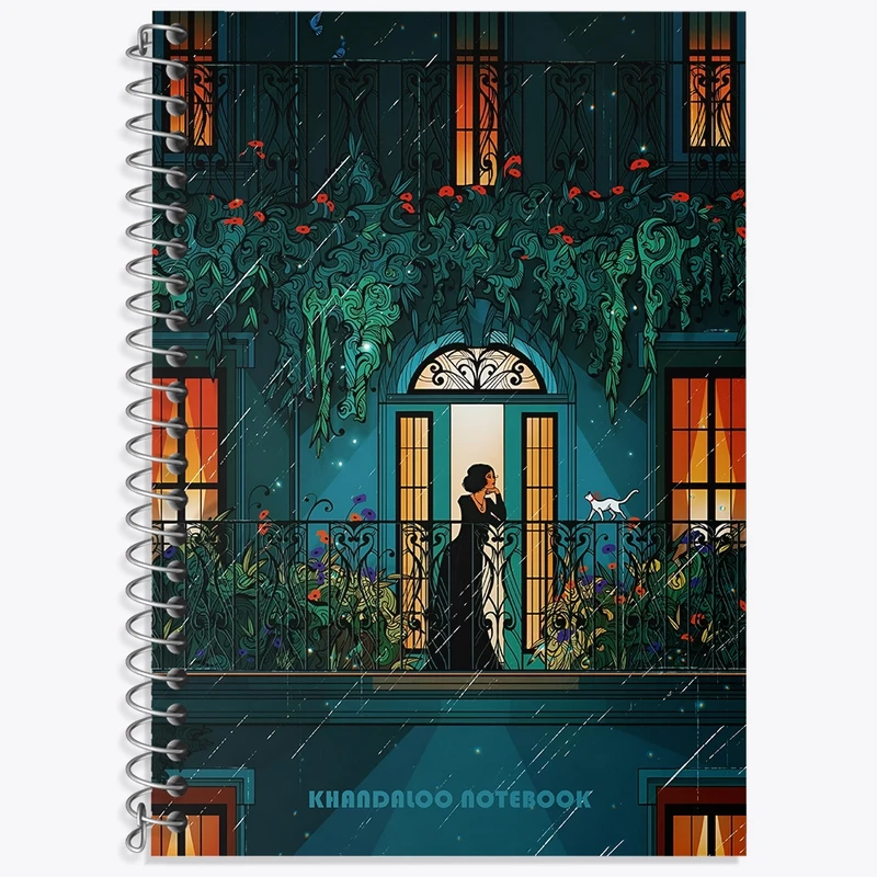 دفتر زبان 50 برگ خندالو مدل سه خط طرح زنی در تراس پر گل کد N6304