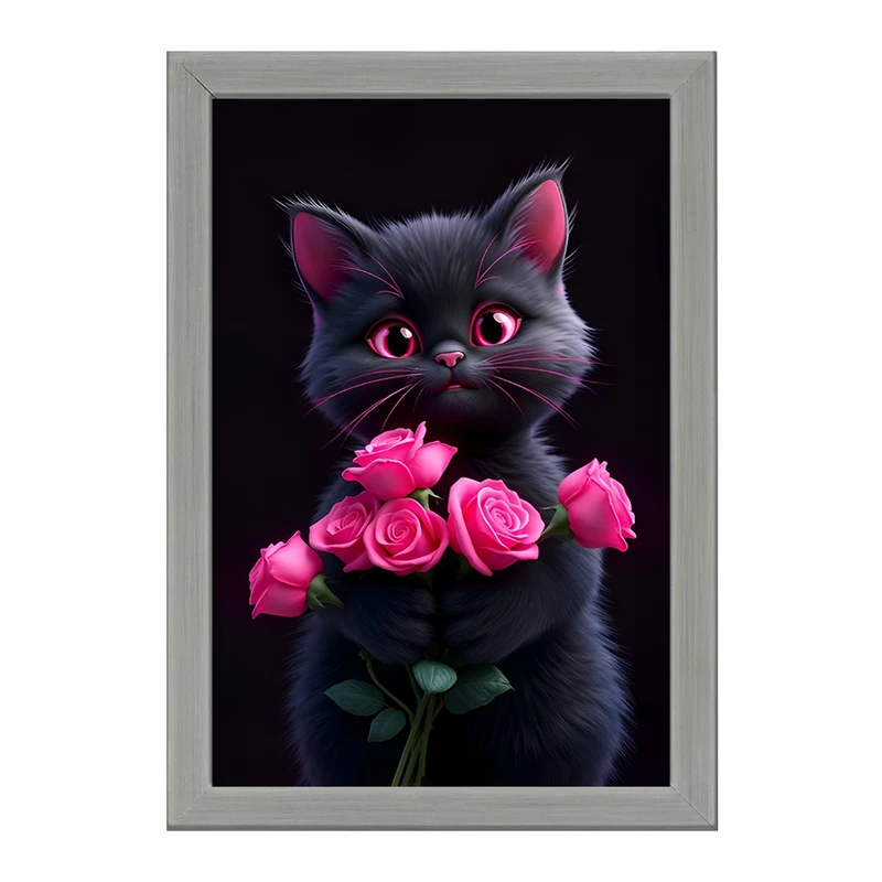 تابلو خندالو طرح گربه و گل های صورتی کد F11693