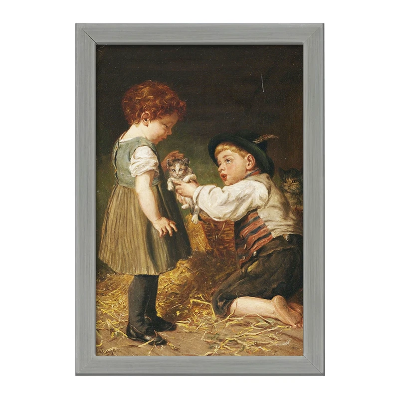 تابلو خندالو طرح نقاشی دو بچه با گربه ها اثر فلیکس شلزینگر کد F12311