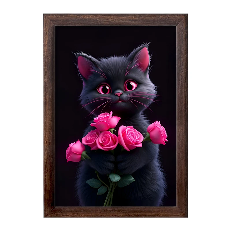 تابلو خندالو طرح گربه و گل های صورتی کد F11693