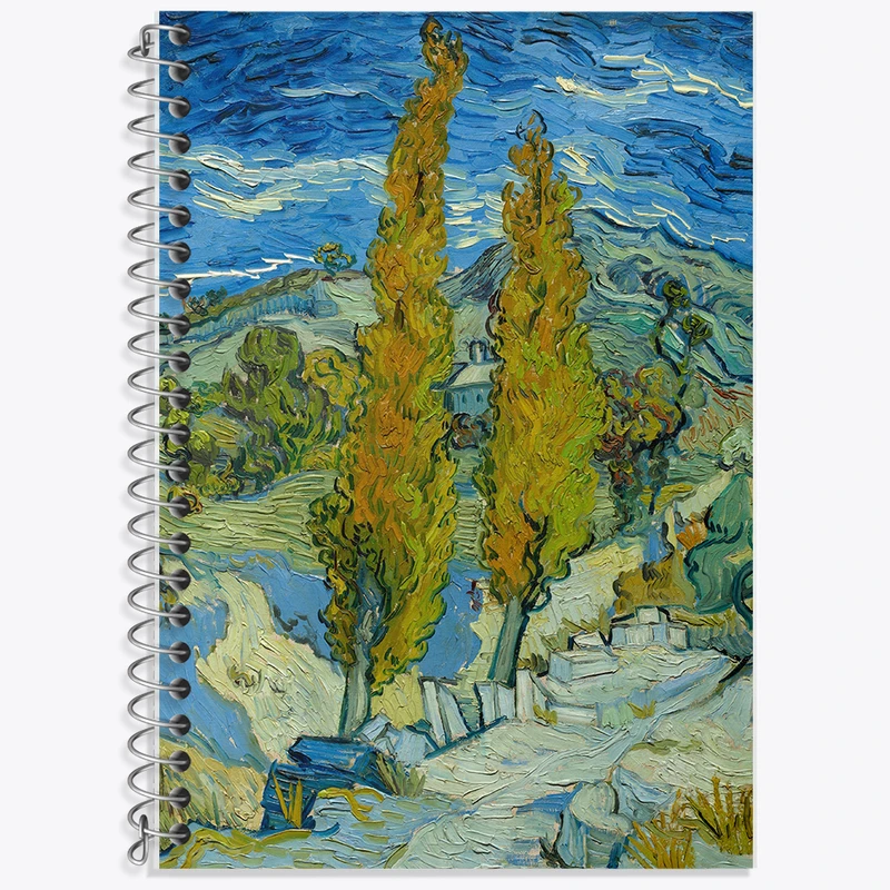 دفتر زبان 50 برگ خندالو مدل دو خط طرح نقاشی دو صنوبر در آلپیل نزدیک سن رمی اثر ونسان ونگوگ کد F12430