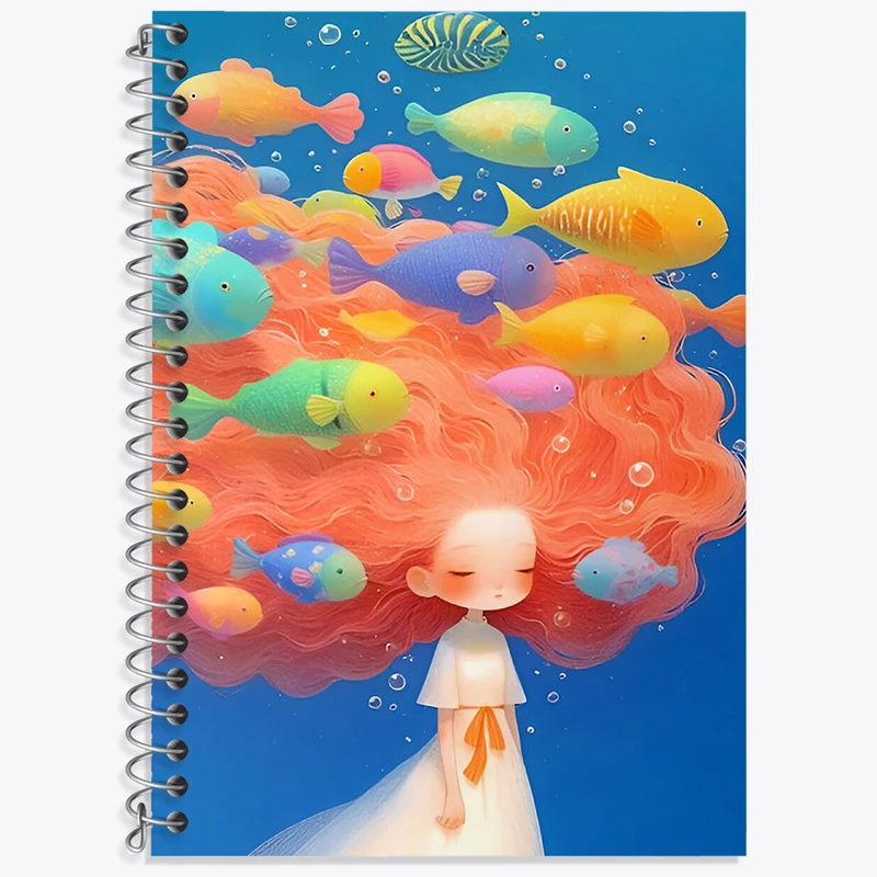 دفتر زبان 50 برگ خندالو مدل دو خط طرح دختر و ماهی های رنگی کد N6977