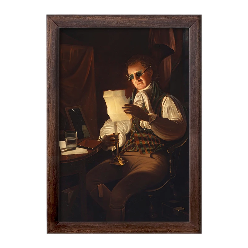 تابلو خندالو طرح نقاشی مردی که در نور شمع می خواند اثر رامبراند پیل کد F12276