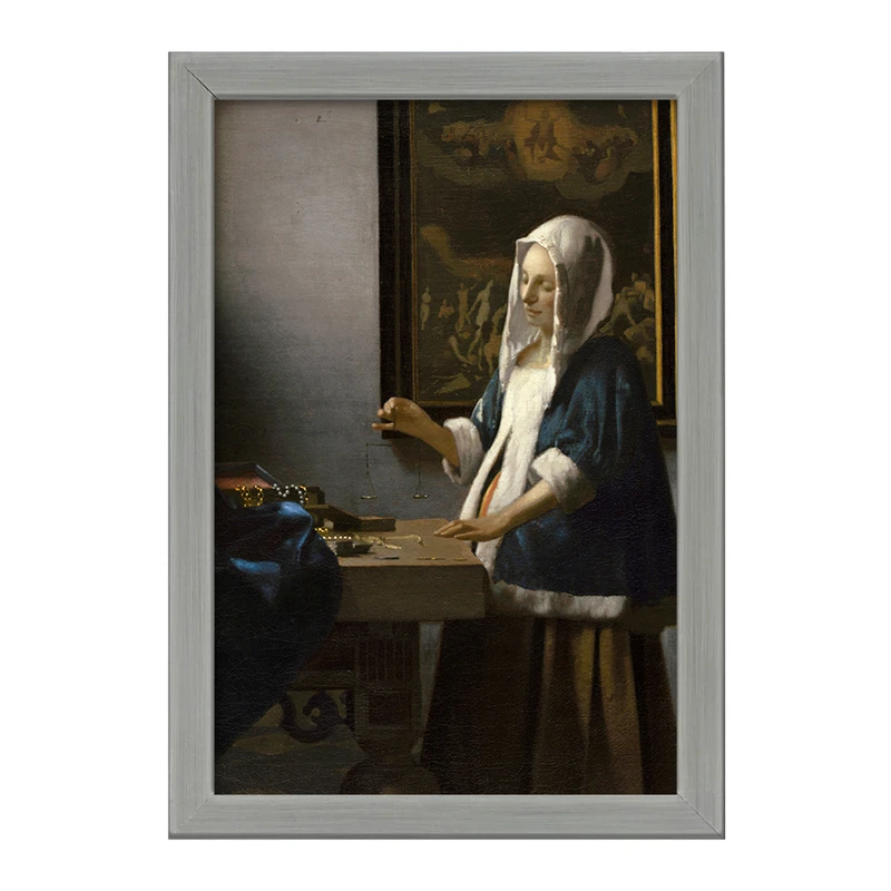 تابلو خندالو طرح نقاشی زن با ترازویی در دست اثر یوهانس فرمیر کد F12429