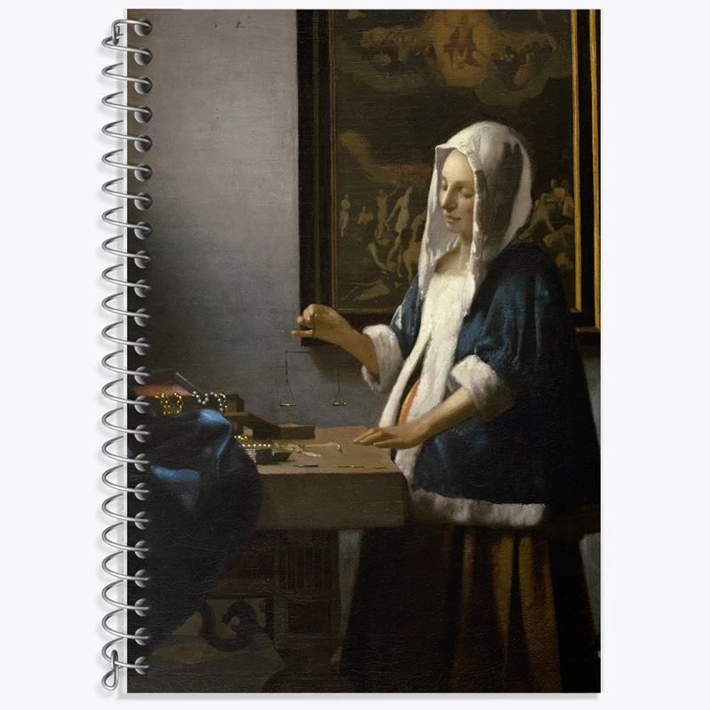 دفتر زبان 50 برگ خندالو مدل سه خط طرح نقاشی زن با ترازویی در دست اثر یوهانس فرمیر کد F12429