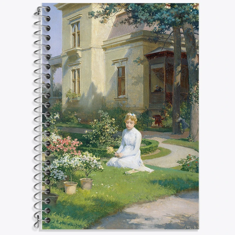 دفتر زبان 50 برگ خندالو مدل دو خط طرح نقاشی دختری در باغ ویلایی اثر جولیوس ویکتور برگر کد F12155