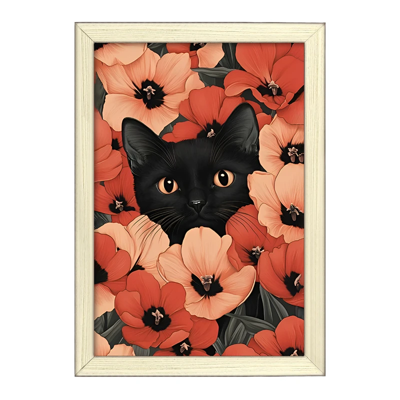 تابلو خندالو طرح گربه در میان گل ها کد F11794