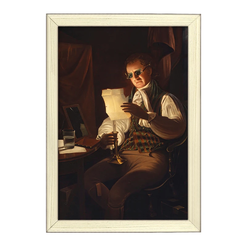 تابلو خندالو طرح نقاشی مردی که در نور شمع می خواند اثر رامبراند پیل کد F12276