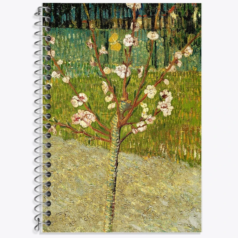 دفتر زبان 50 برگ خندالو مدل سه خط طرح نقاشی درخت بادام در حال شکوفه اثر ونسان ونگوگ کد F12421