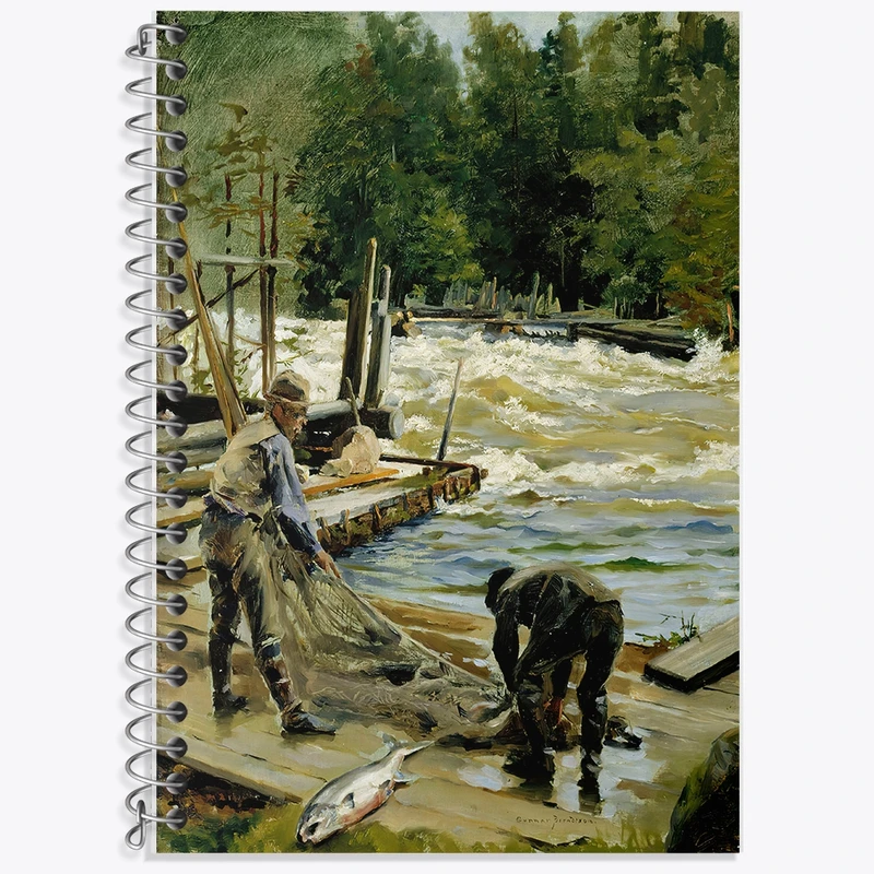 دفتر زبان 50 برگ خندالو مدل سه خط طرح نقاشی ماهیگیری ماهی قزل آلا اثر گونار برنتسون کد F12122