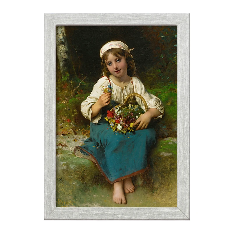 تابلو خندالو طرح نقاشی دختر جوان با یک سبد گل اثر لئون ژان باسیل پررو کد F12375