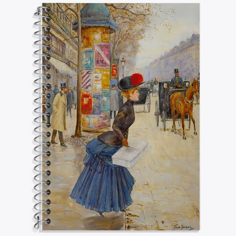 دفتر زبان 50 برگ خندالو مدل دو خط طرح نقاشی عبور زن جوان از بلوار اثر ژان برو کد F12348