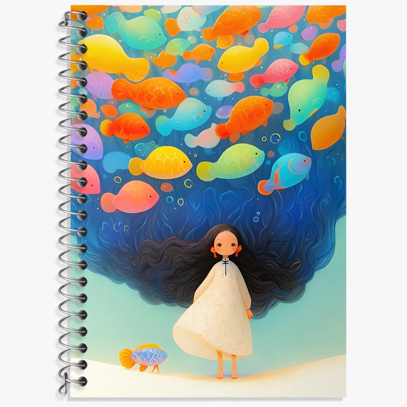 دفتر زبان 50 برگ خندالو مدل دو خط طرح دختر و ماهی های رنگی کد N6978