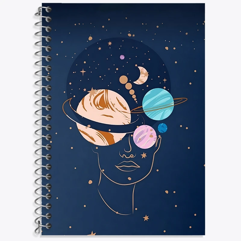 دفتر زبان 50 برگ خندالو مدل سه خط طرح زن و منظومه شمسی کد N6268