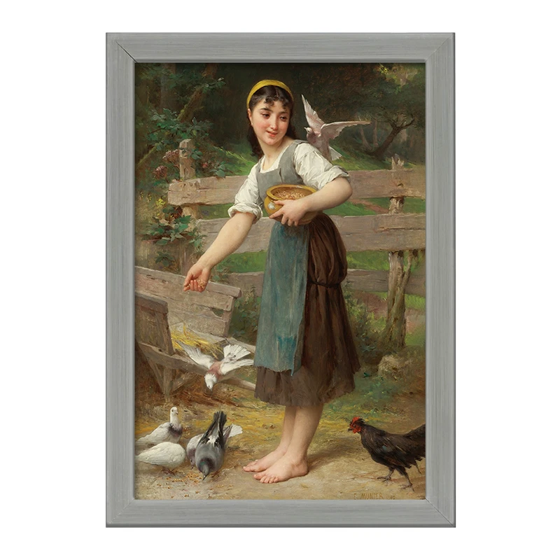 تابلو خندالو طرح نقاشی غذا دادن به کبوترها اثر امیل مونیر کد F12342